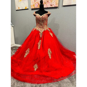 Chicas Red & Gold Ball Gown Dress | Size Large | Off-Shoulder Glitter Tulle